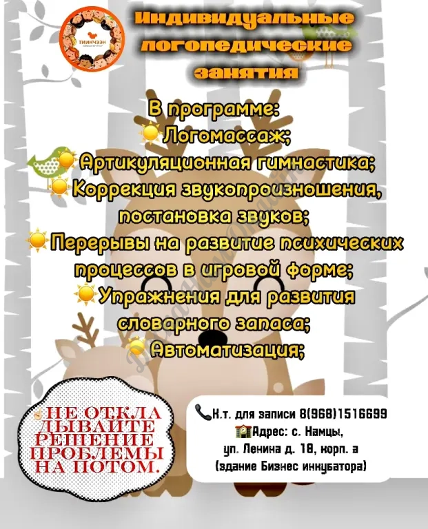 Индивидуальные логопедические занятия «Тиинчээн»